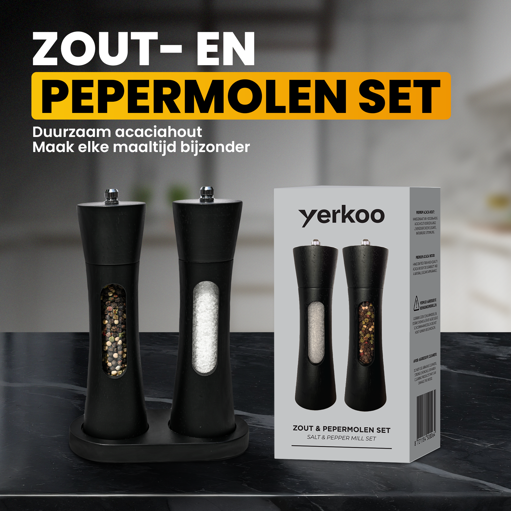 Pepper and salt mill set - Black - Acacia wood - Pepper mill - Salt mill - Spice mill - BBQ
