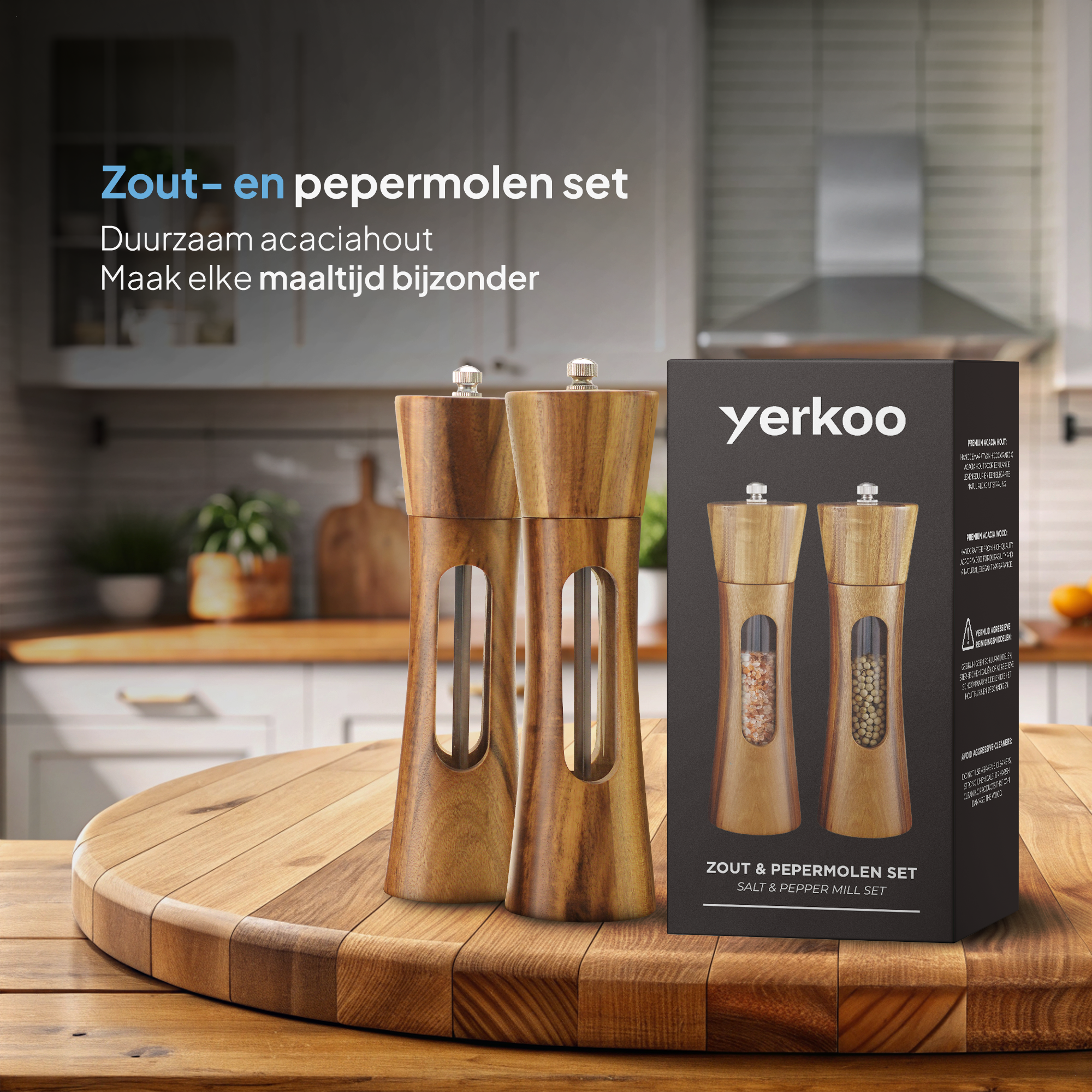 Peper en zoutmolen set van Acaciahout - Pepermolen - Zoutmolen - Kruidenmolen - BBQ