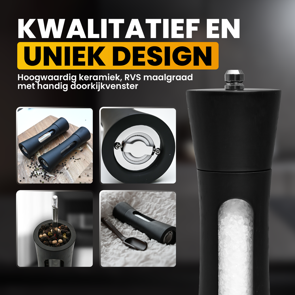 Pepper and salt mill set - Black - Acacia wood - Pepper mill - Salt mill - Spice mill - BBQ