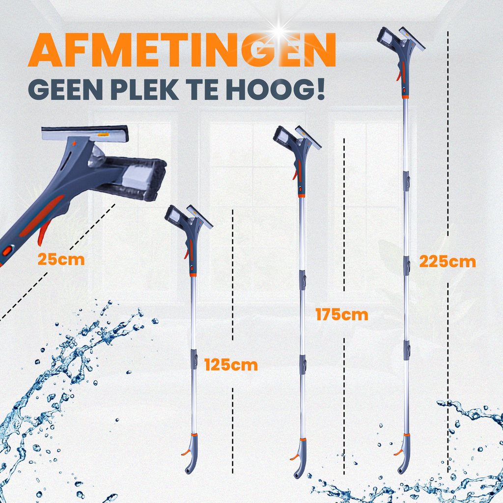 4-in-1 Raamwisser met telescoopsteel - Spons en sprayfunctie - 225 cm - Ruitenreiniger - Raamtrekker - Raamwasser – Ramenwasser