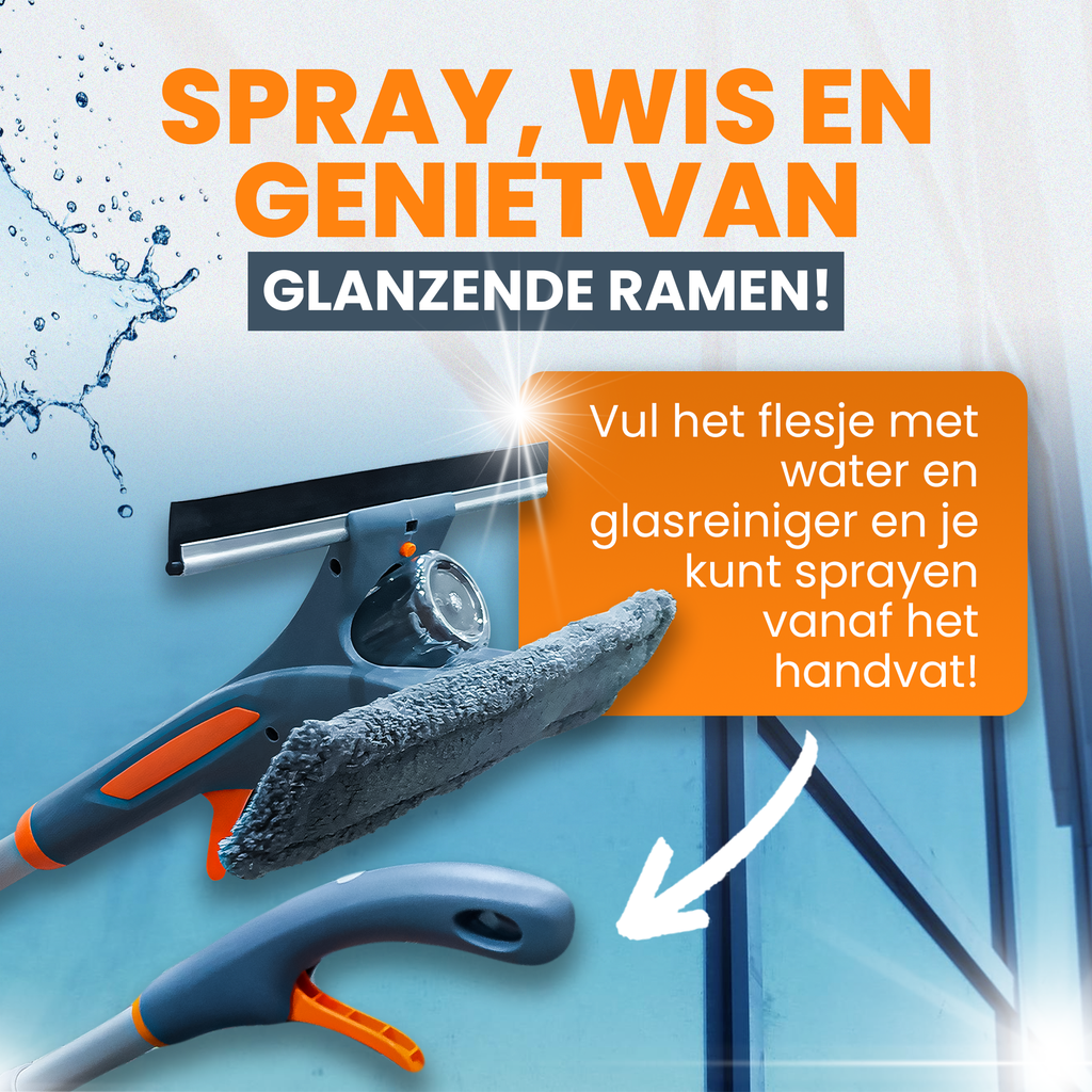 4-in-1 Raamwisser met telescoopsteel - Spons en sprayfunctie - 225 cm - Ruitenreiniger - Raamtrekker - Raamwasser – Ramenwasser