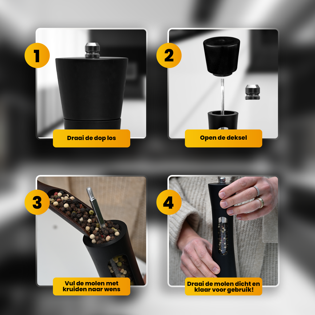 Pepper and salt mill set - Black - Acacia wood - Pepper mill - Salt mill - Spice mill - BBQ