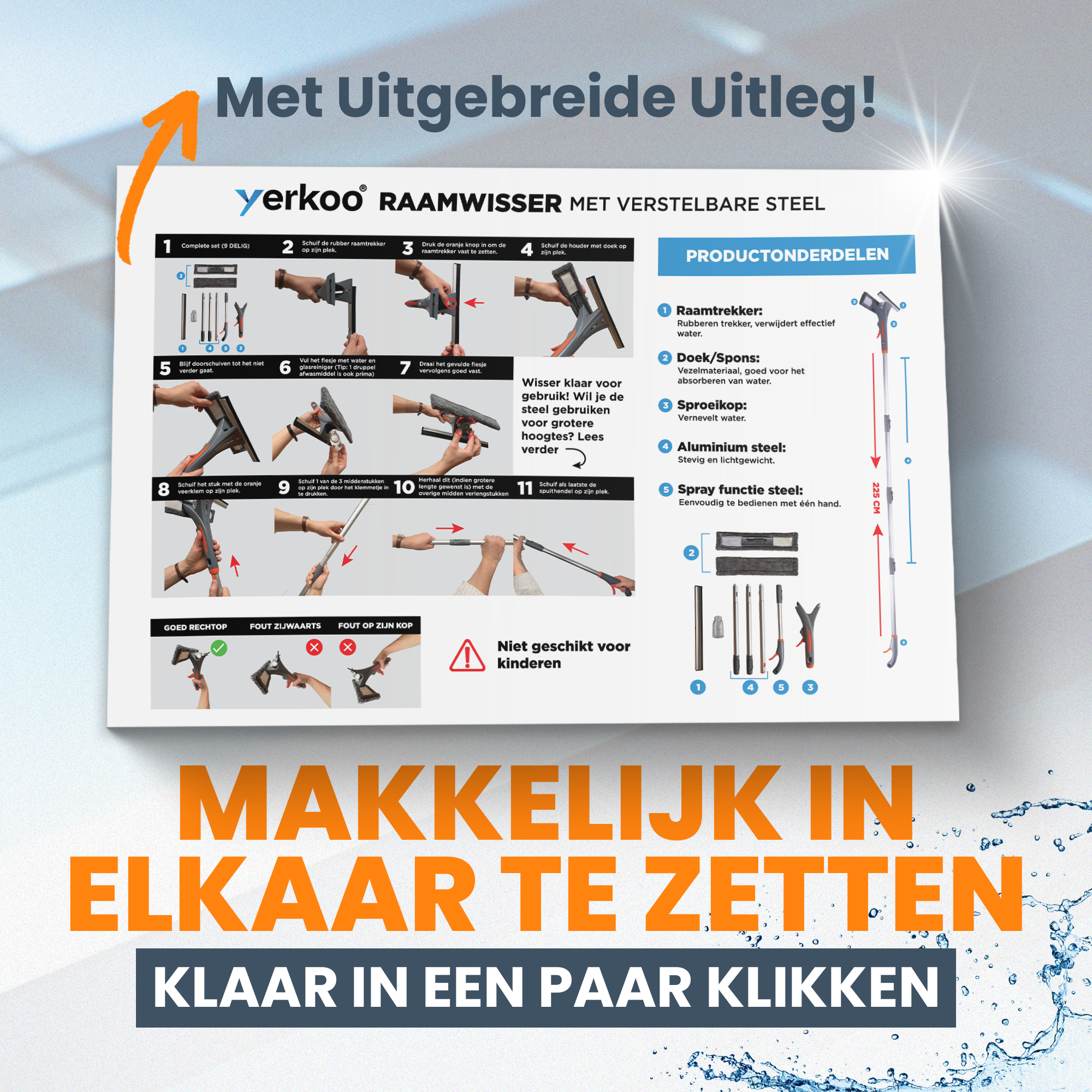 4-in-1 Raamwisser met telescoopsteel - Spons en sprayfunctie - 225 cm - Ruitenreiniger - Raamtrekker - Raamwasser – Ramenwasser