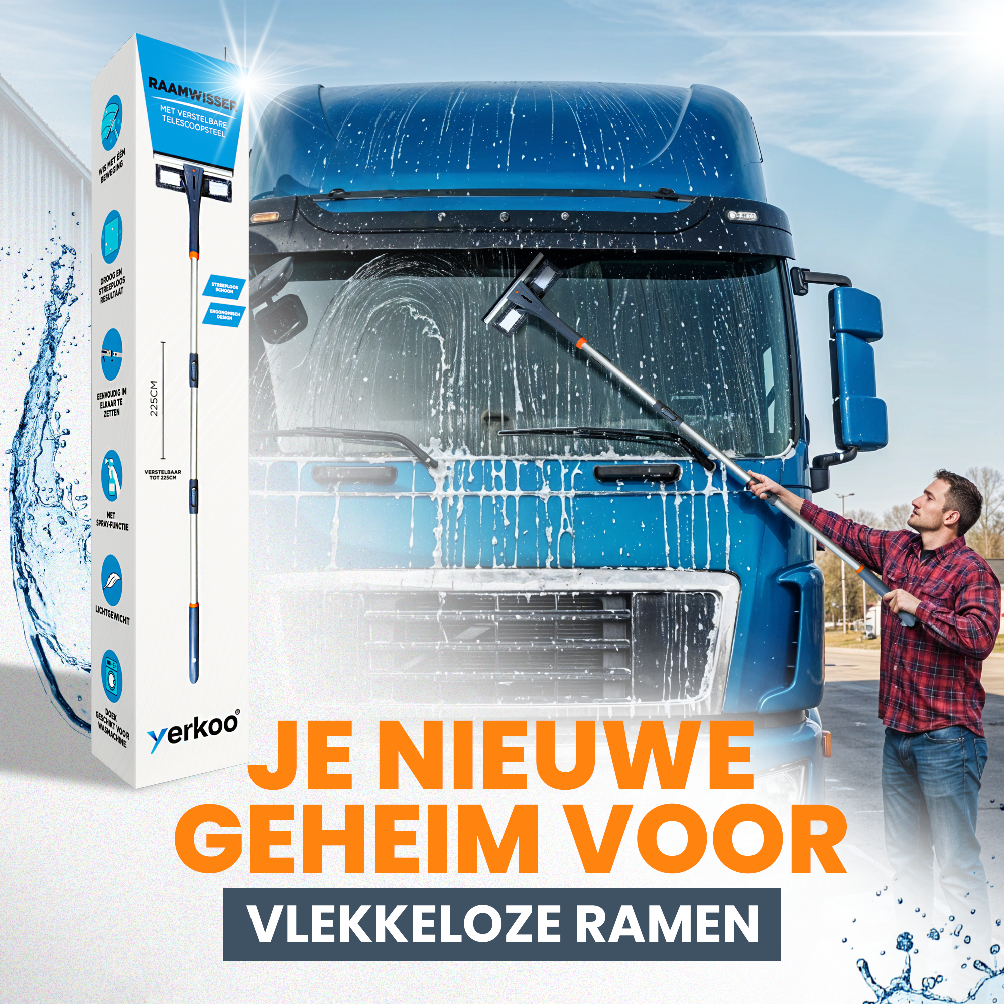 4-in-1 Raamwisser met telescoopsteel - Spons en sprayfunctie - 225 cm - Ruitenreiniger - Raamtrekker - Raamwasser – Ramenwasser