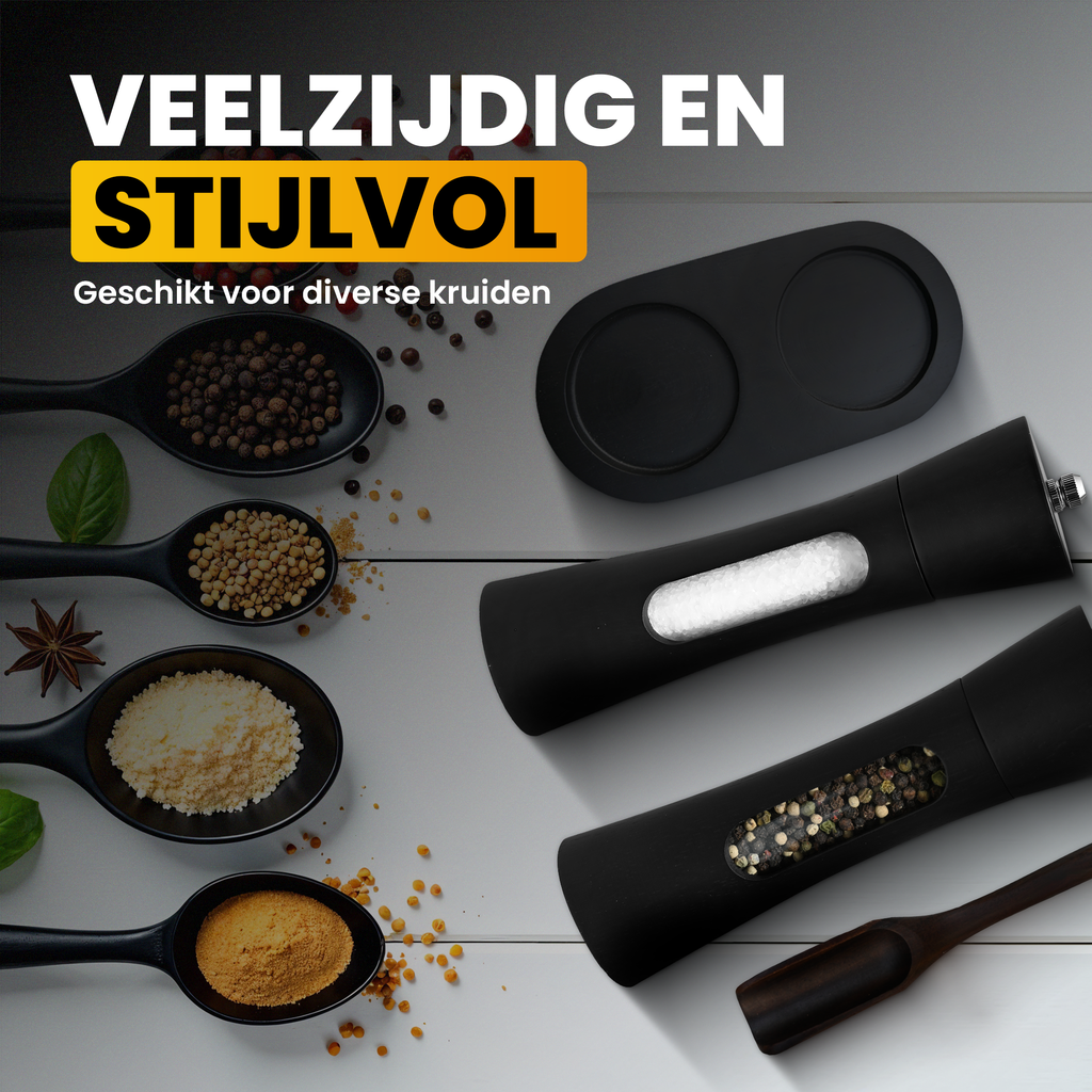 Pepper and salt mill set - Black - Acacia wood - Pepper mill - Salt mill - Spice mill - BBQ