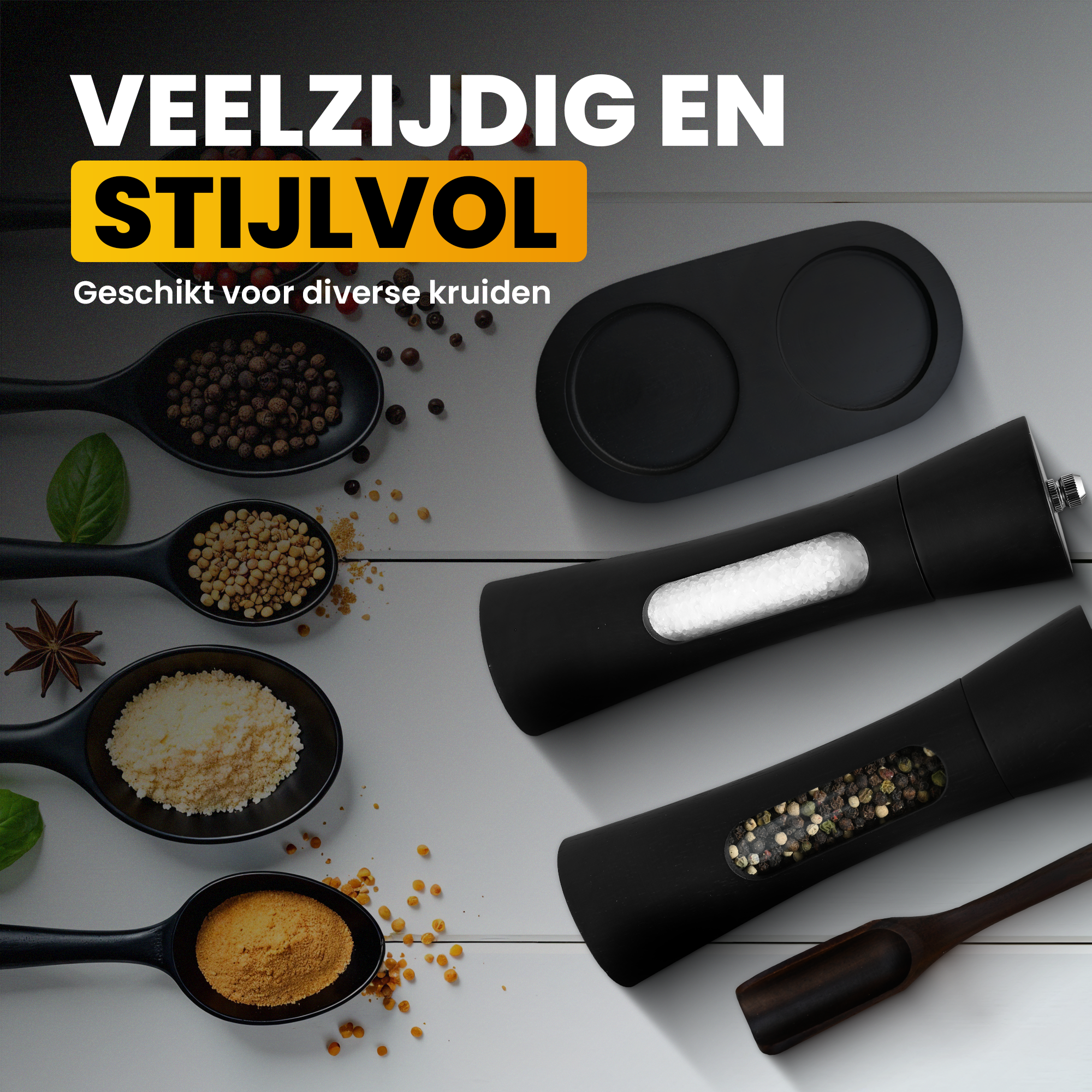 Pepper and salt mill set - Black - Acacia wood - Pepper mill - Salt mill - Spice mill - BBQ