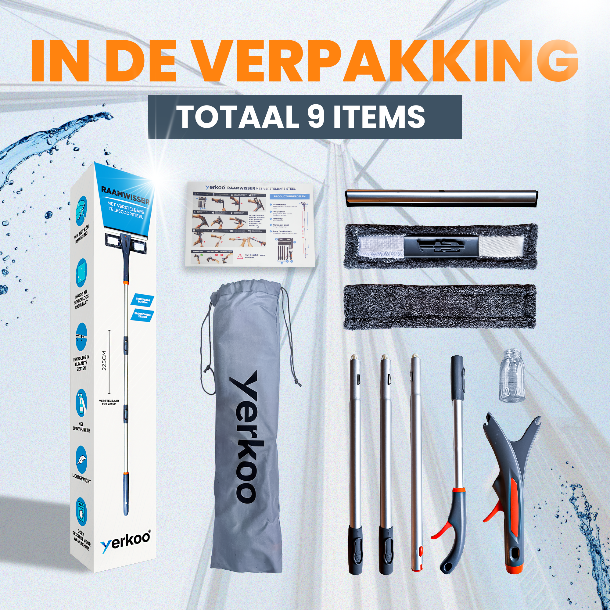 4-in-1 Raamwisser met telescoopsteel - Spons en sprayfunctie - 225 cm - Ruitenreiniger - Raamtrekker - Raamwasser – Ramenwasser