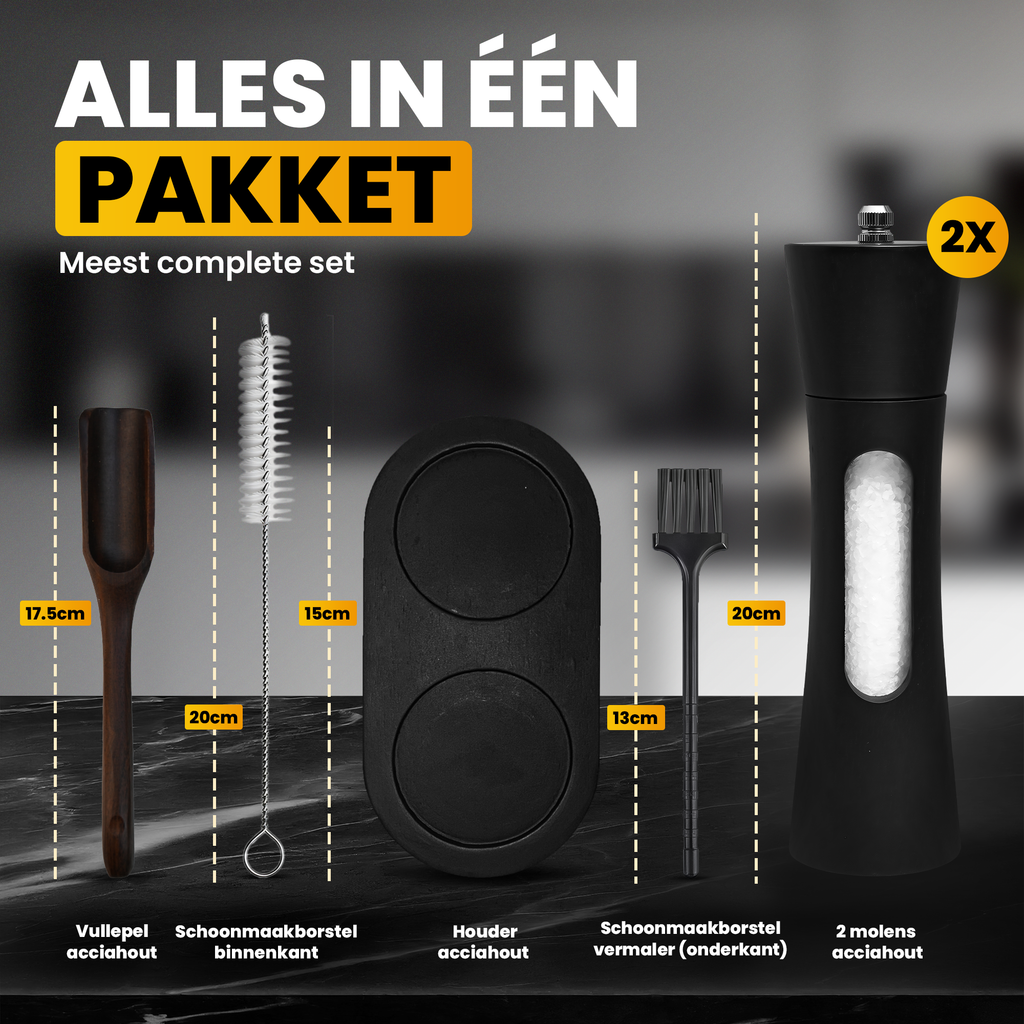 Pepper and salt mill set - Black - Acacia wood - Pepper mill - Salt mill - Spice mill - BBQ