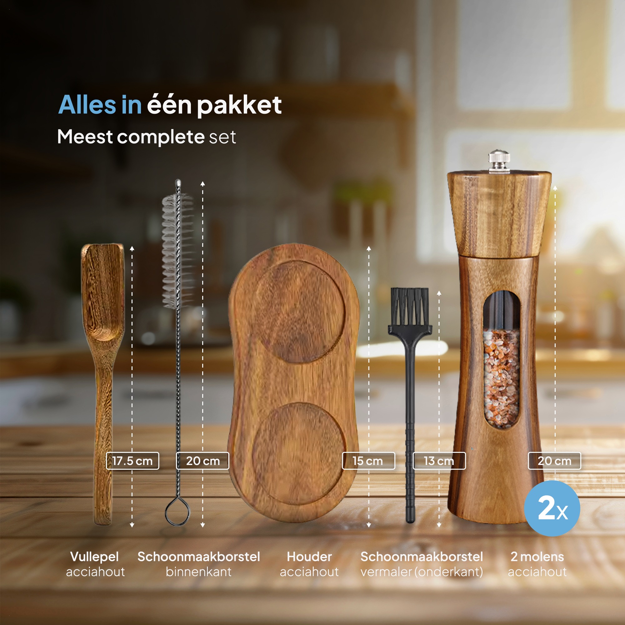 Peper en zoutmolen set van Acaciahout - Pepermolen - Zoutmolen - Kruidenmolen - BBQ