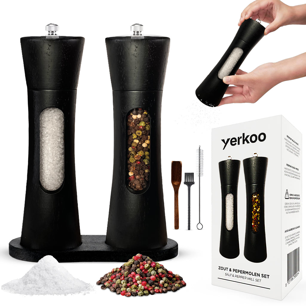 Pepper and salt mill set - Black - Acacia wood - Pepper mill - Salt mill - Spice mill - BBQ