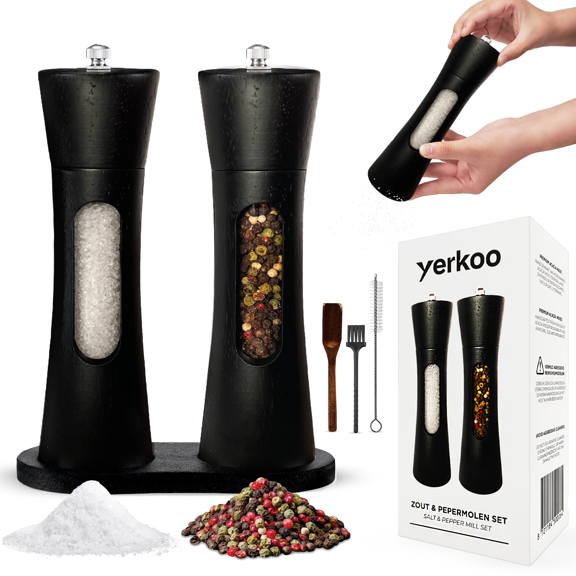 Pepper and salt mill set - Black - Acacia wood - Pepper mill - Salt mill - Spice mill - BBQ