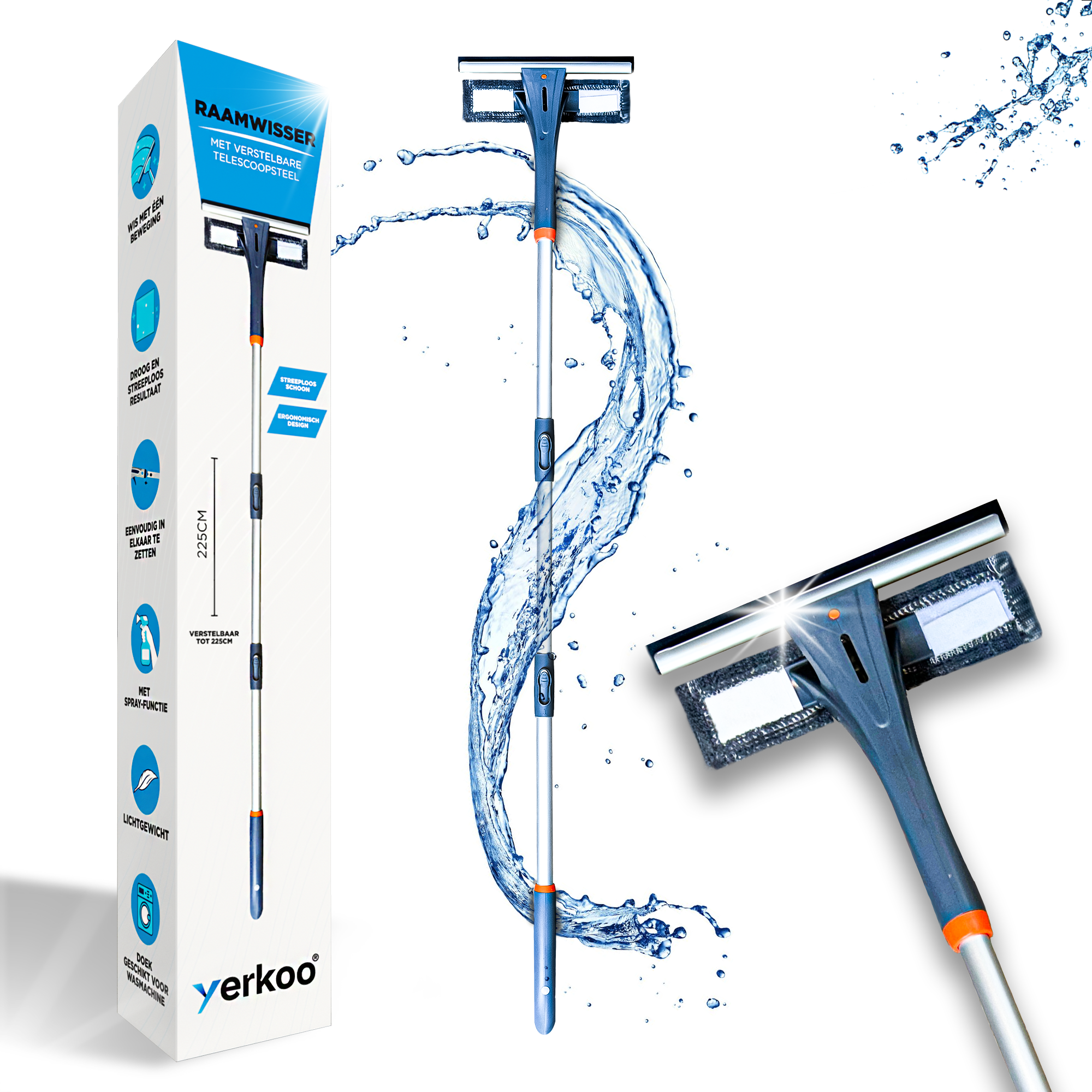 4-in-1 Raamwisser met telescoopsteel - Spons en sprayfunctie - 225 cm - Ruitenreiniger - Raamtrekker - Raamwasser – Ramenwasser