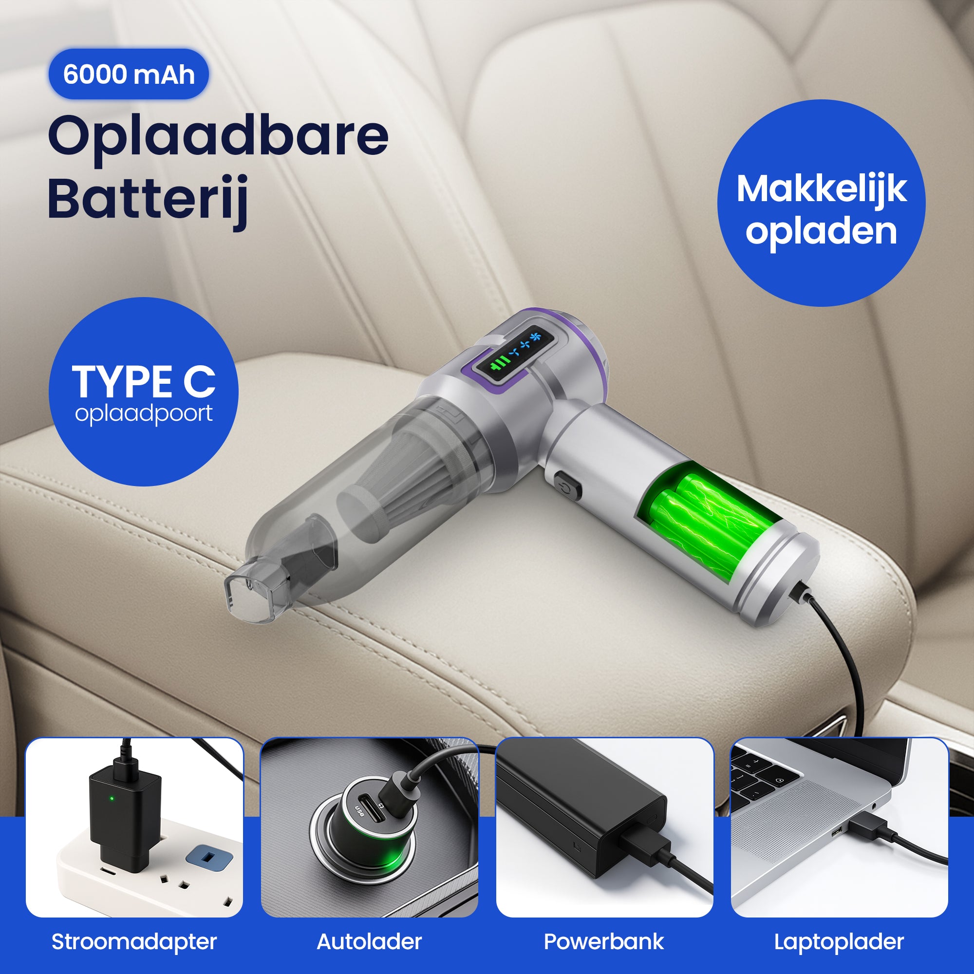 Yerkoo - Kruimeldief - Auto Stofzuiger - Handstofzuiger - Mini Stofzuiger - Stofzuiger Auto - Led scherm - Incl. Blaasfunctie