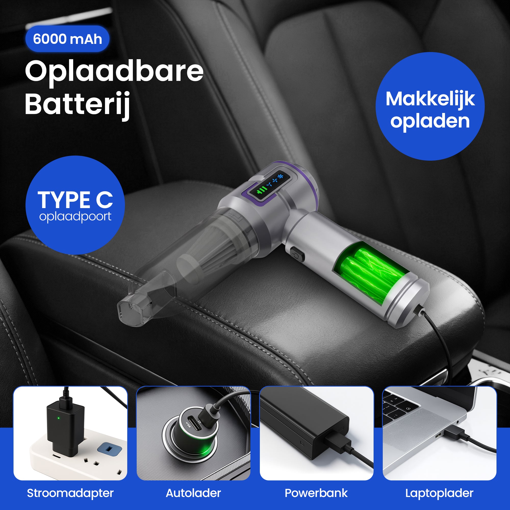 Yerkoo - Kruimeldief - Auto Stofzuiger - Handstofzuiger - Mini Stofzuiger - Stofzuiger Auto - Led scherm - Incl. Blaasfunctie