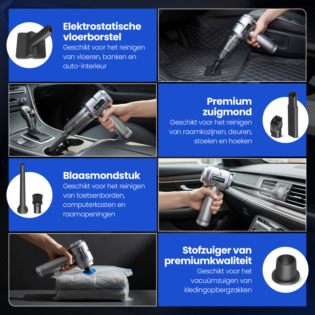 Yerkoo - Kruimeldief - Auto Stofzuiger - Handstofzuiger - Mini Stofzuiger - Stofzuiger Auto - Led scherm - Incl. Blaasfunctie