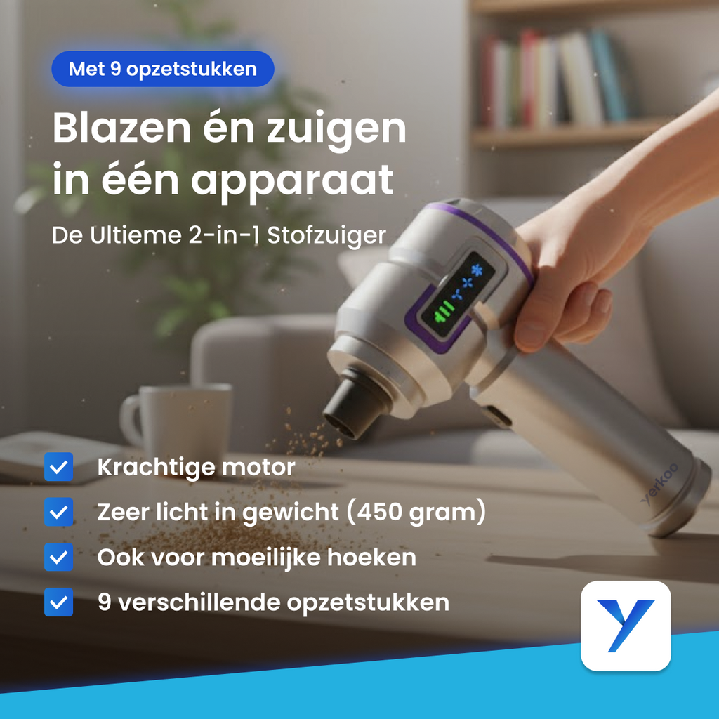 Yerkoo - Kruimeldief - Auto Stofzuiger - Handstofzuiger - Mini Stofzuiger - Stofzuiger Auto - Led scherm - Incl. Blaasfunctie