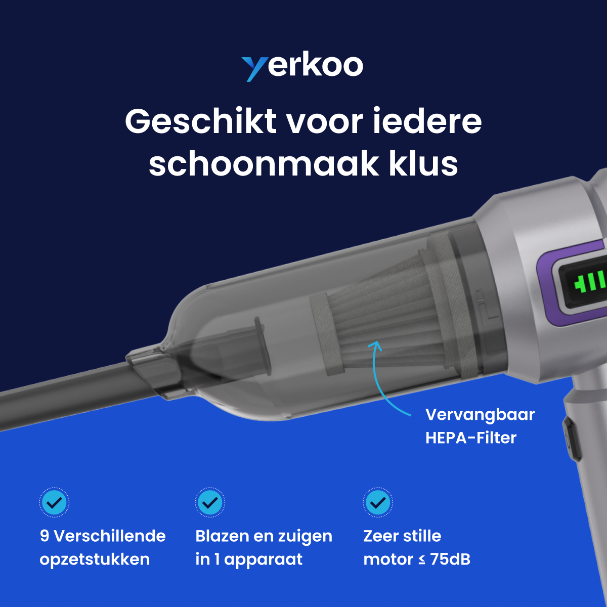 Yerkoo - Kruimeldief - Auto Stofzuiger - Handstofzuiger - Mini Stofzuiger - Stofzuiger Auto - Led scherm - Incl. Blaasfunctie