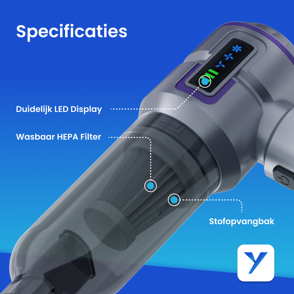 Yerkoo - Kruimeldief - Auto Stofzuiger - Handstofzuiger - Mini Stofzuiger - Stofzuiger Auto - Led scherm - Incl. Blaasfunctie