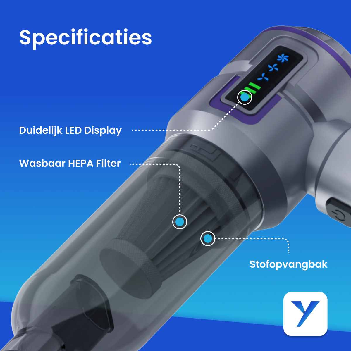 Yerkoo - Kruimeldief - Auto Stofzuiger - Handstofzuiger - Mini Stofzuiger - Stofzuiger Auto - Led scherm - Incl. Blaasfunctie