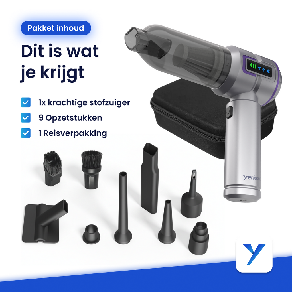 Yerkoo - Kruimeldief - Auto Stofzuiger - Handstofzuiger - Mini Stofzuiger - Stofzuiger Auto - Led scherm - Incl. Blaasfunctie